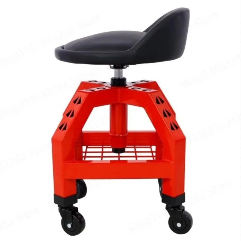 Red Auto Repair Work Stool With Tool Tray Adjustable Height And Casters For Vehicle Maintenance
