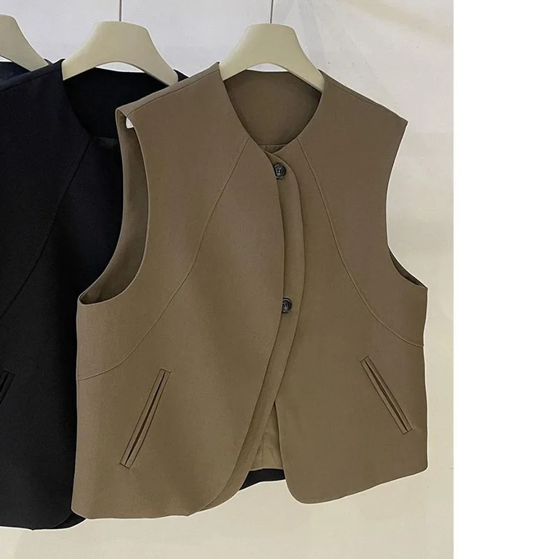 秋のレディースファッションカーディガンノースリーブアウター女性ラウンドネックカジュアルベストコート韓国女性無地チョッキジャケット