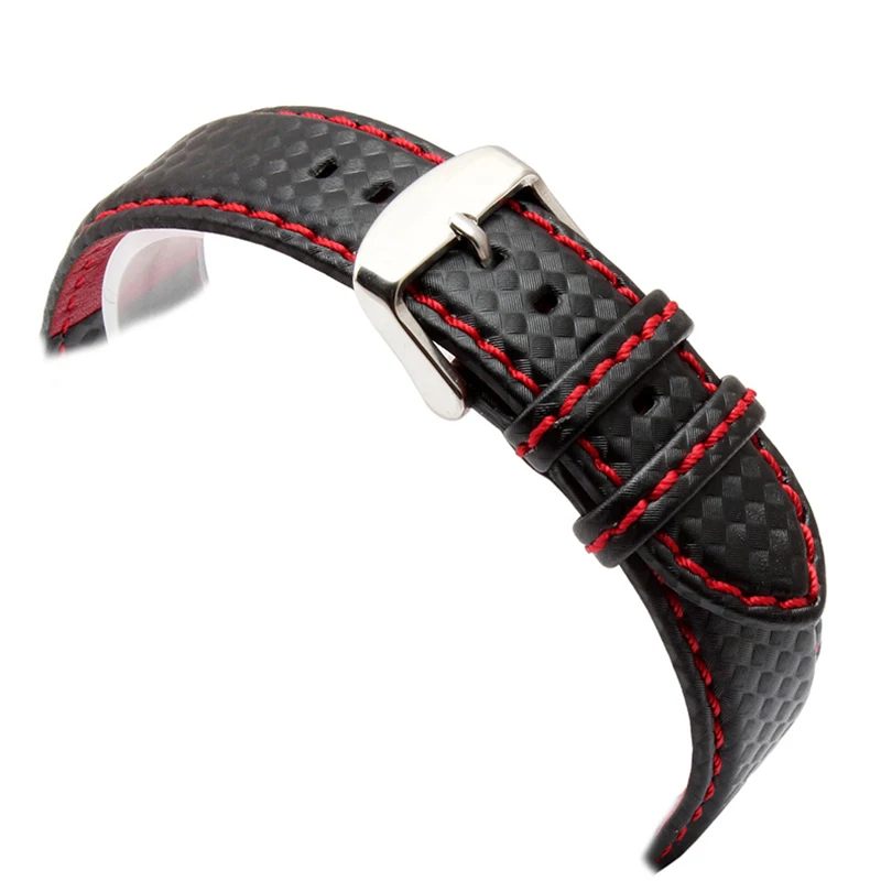 18mm 20mm 22mm 24mm Black Red Orange Stitching Carbon Fiber Leather Watch Band with Steel Clasp Strap Sports Watchband