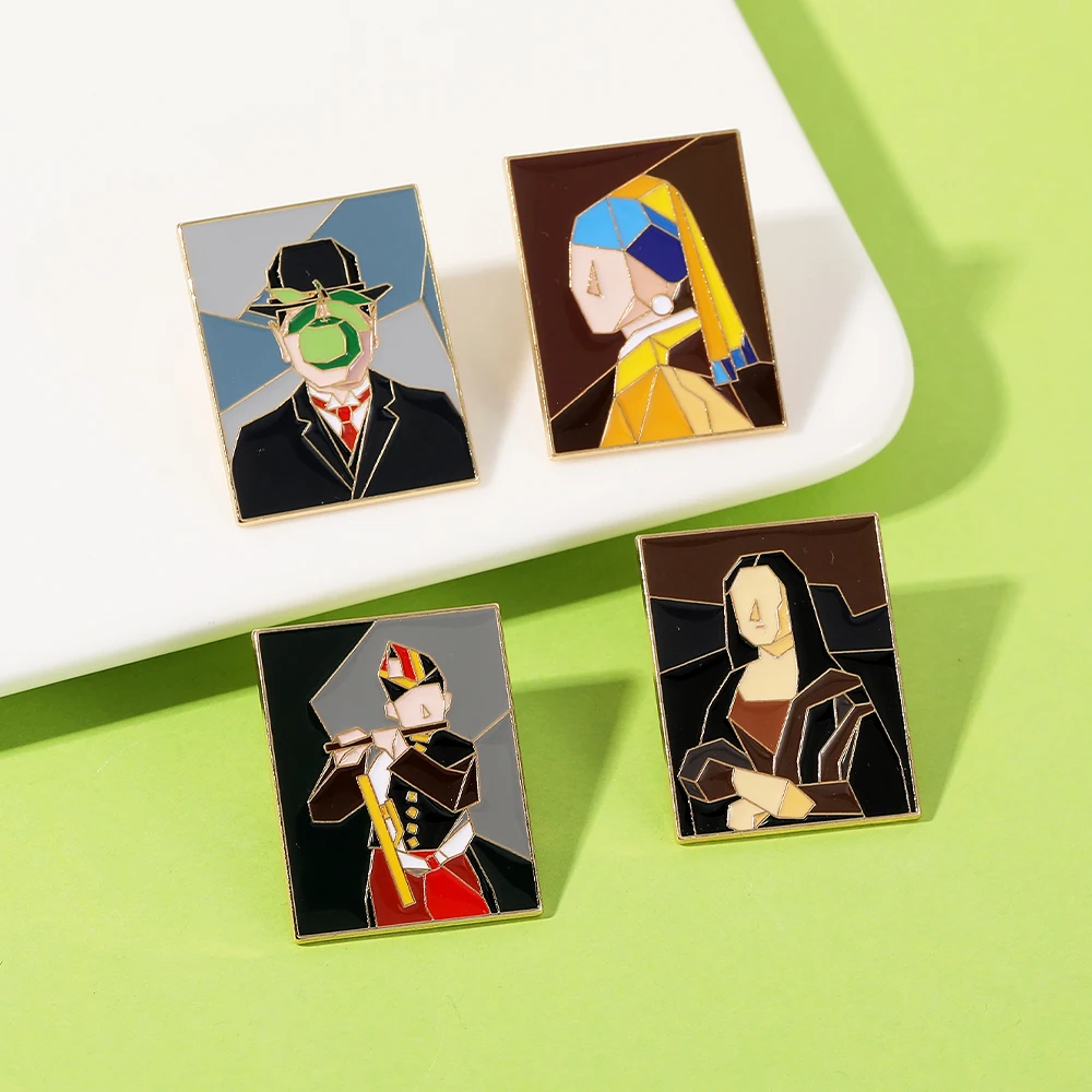 Novelty Jigsaw Figure Oil Painting Enamel Brooches Puzzle Mona Lisa Design Golden Pins For Artist Gift Badge