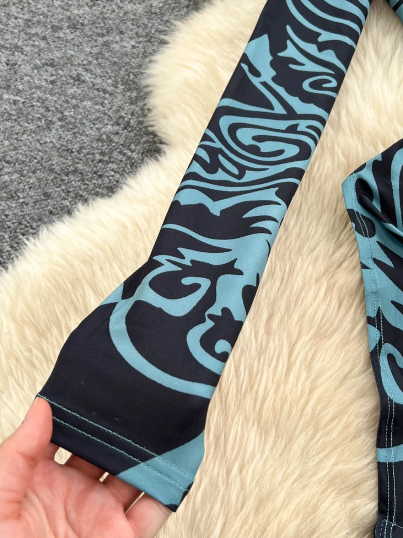 Foamlina Sexy 2-teiliges Set für Damen, V-Ausschnitt, lange Ärmel, bedruckt, schmale Bodys und elastische Taille, durchsichtige Netz-Leggings-Anzüge