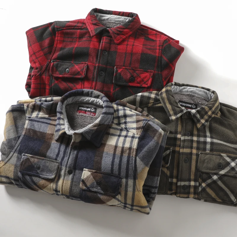 Thickened Fleece Casual Warm Plaid Shirt Loose Coat Outerwear Polyester Fiber Long Sleeve Turn-down Collar Open Cardigan for ...