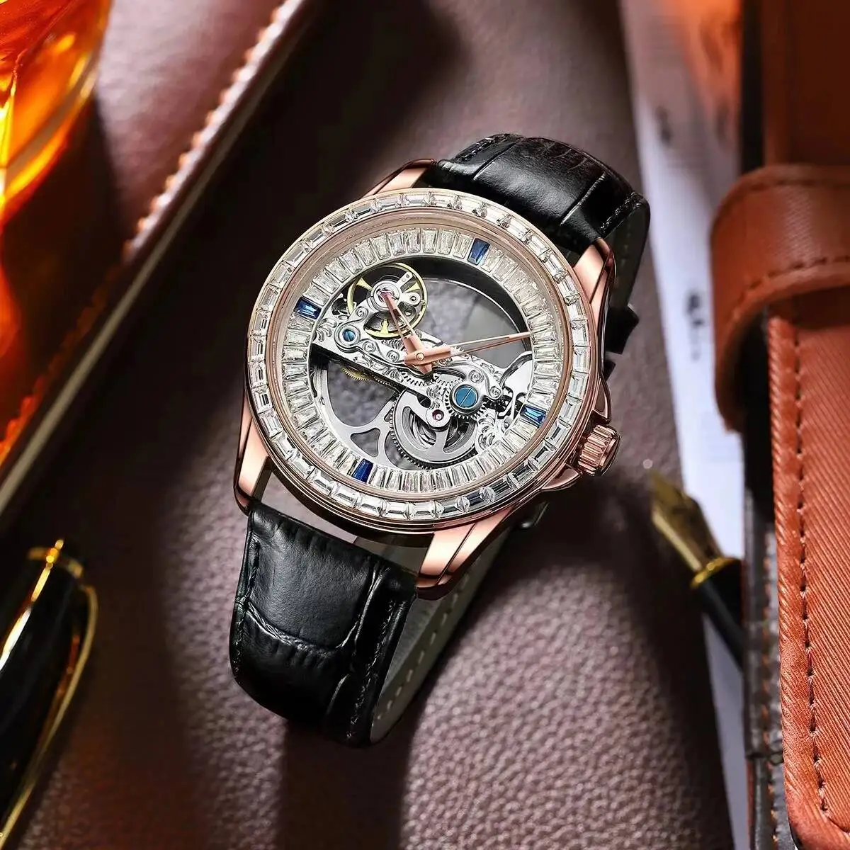 AILANG 8887 Men's Automatic Mechanical Watch Skeleton Dial Leather Strap 30M Waterproof Luxury Business Wristwatch reloj hombre