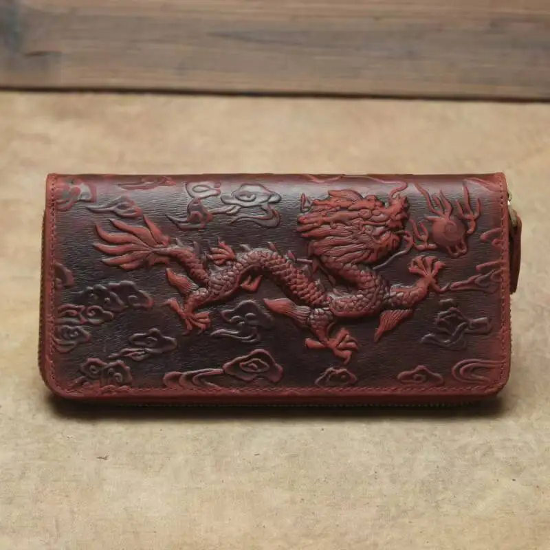 Unisex Dragon Embossed Card Wallet Oriental Style Leather Card Holder Handmade Retro Exquisite Craft MOTAORA