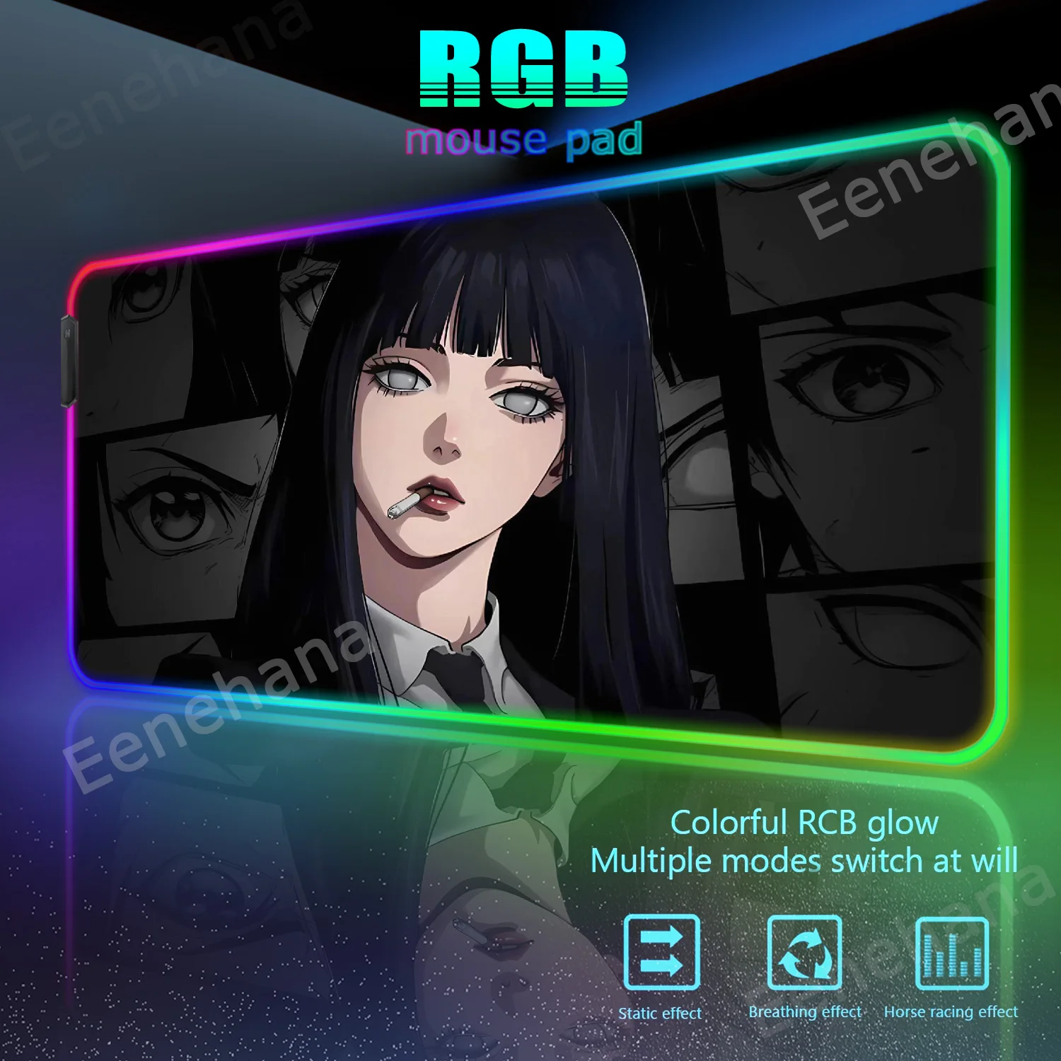 RGB Devil Mask Rubber Mousepad Demon Anime Girl Office HD Print Desk Mat Gaming RGB Gamer Locking Edge Computer Luminescence Pad