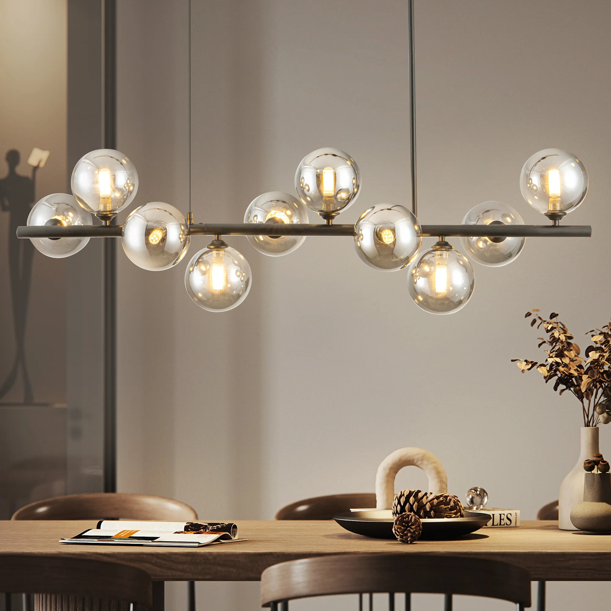 10-Light Matte Black Adjustable Chandelier with Smoked Glass Globe Shades Mid-Century Modern Style Pendant Light for Dining Room