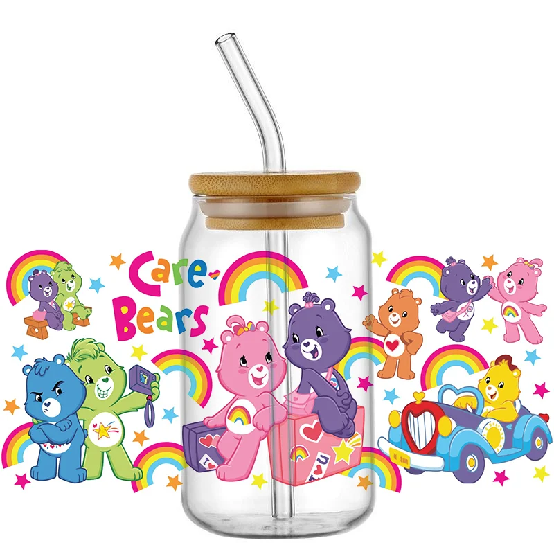 Cartoon Care Bears 16OZ UV DTF Cup Wraps Transfer Sticker For Glass Libbey Can Bottle Selfadhesive Washable DIY Custom