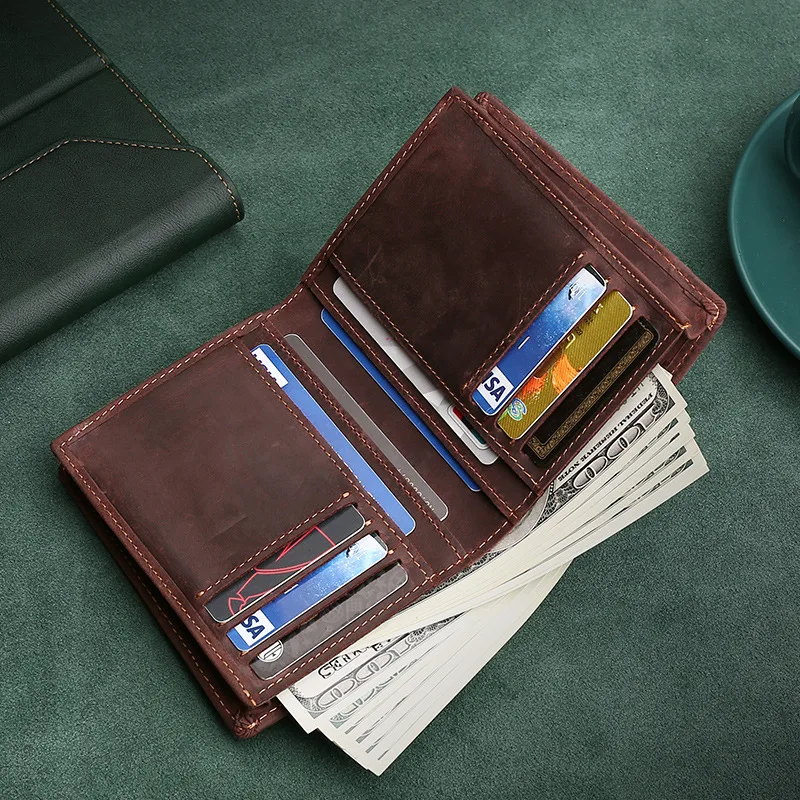 Genuine Leather Men's Wallet Short Style Double Zipper Large Capacity Ticket Holder Simple Design Card Bag with Two Bill Slots
