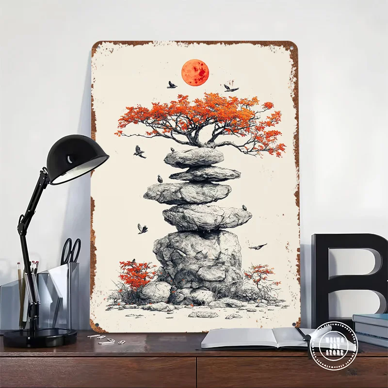 Red Moon & Balanced Rocks Printing Poster Customized Retro Wall Art Vintage Metal Signs for Mancave Living Room Decorations Home