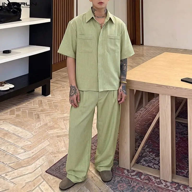 INCERUN Men's Sets Solid Lapel Short Sleeve Shirt Pants Two Piece Sets Streetwear Loose Casual Men Matching Sets Tracksuits 2026