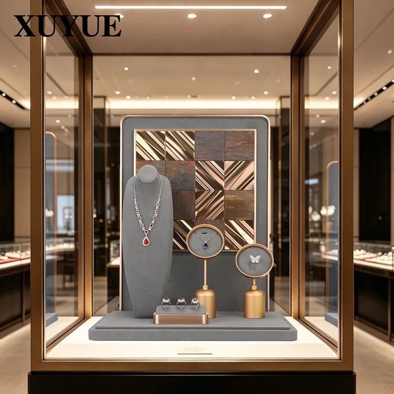 New window display props gray microfiber counter necklace display stand portrait model jewelry rack
