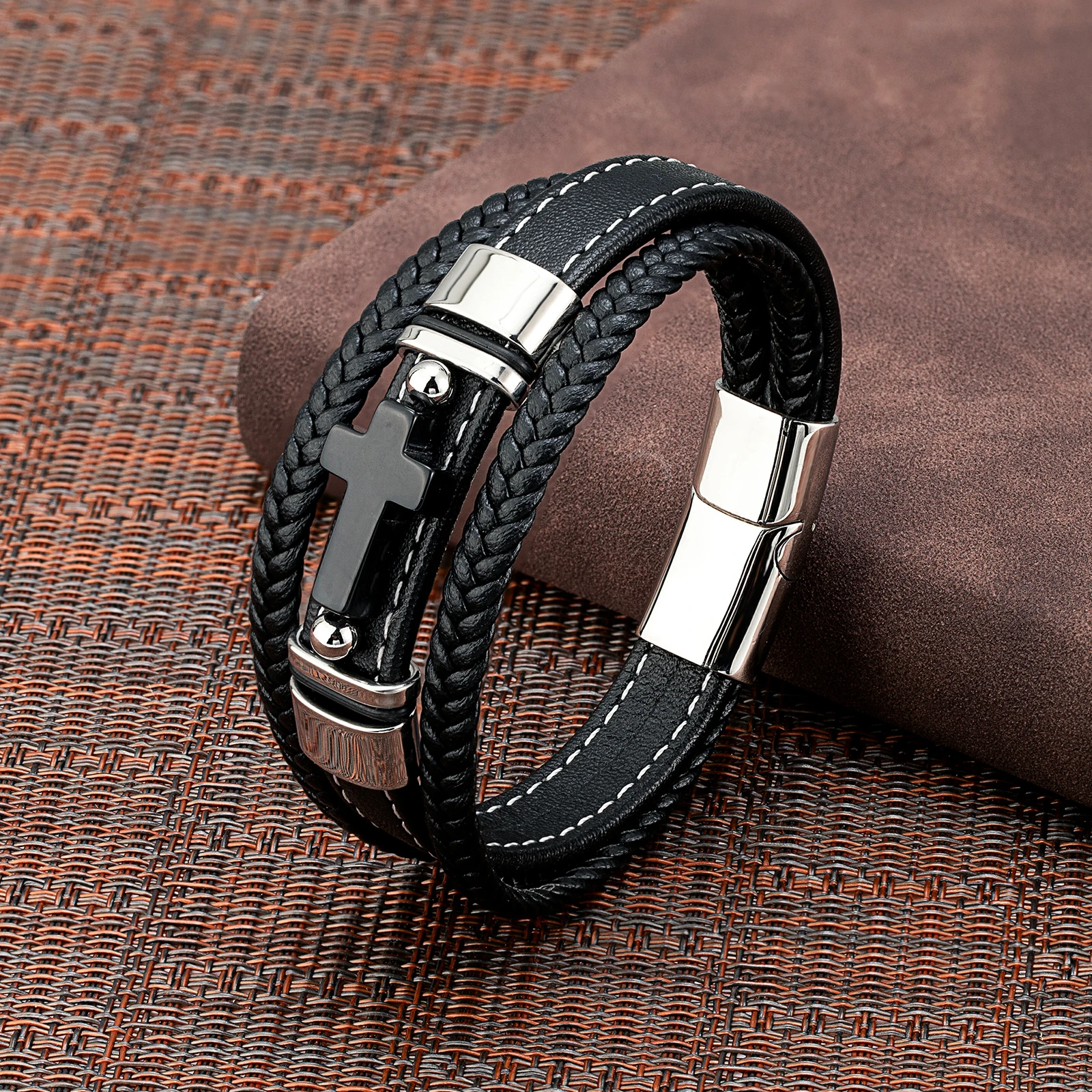 2023 New Vintage Style Cross Natural Tiger Eye with Stainless Steel Casual Collocation 3 Layer Black Leather Cord Mens Bracelet