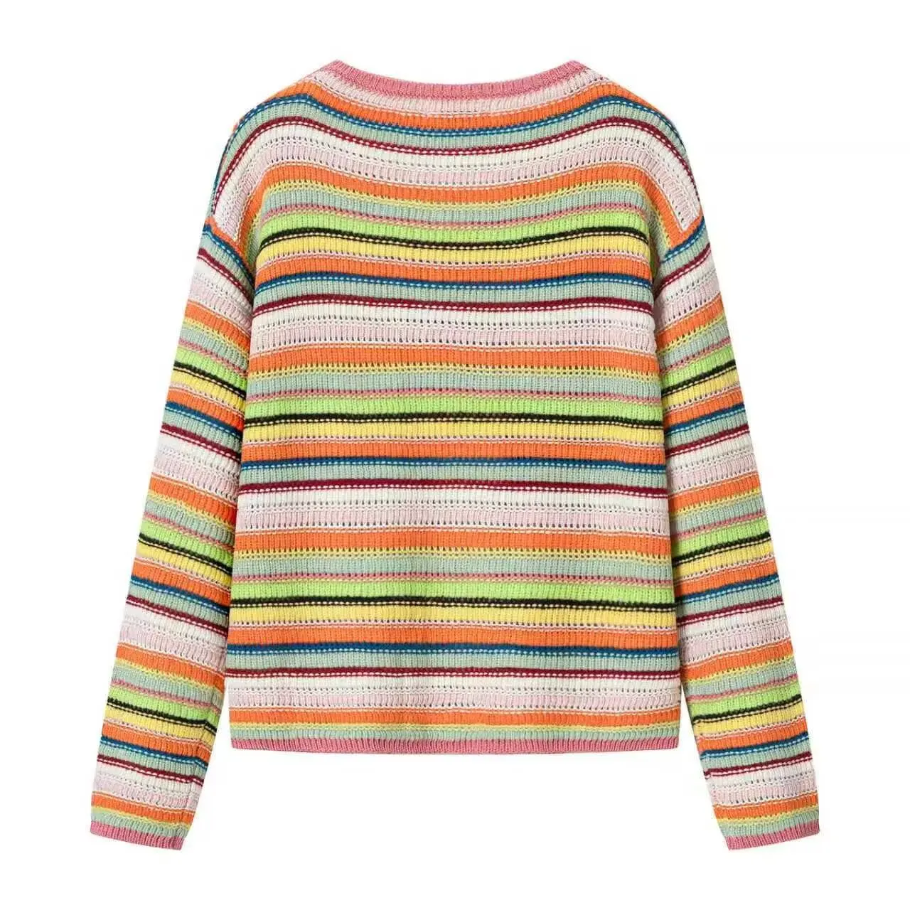 Maxdutti Women's 2026 Autumn New Collection Korean Style Rainbow Striped Lacing Cutout Knit Cardigan