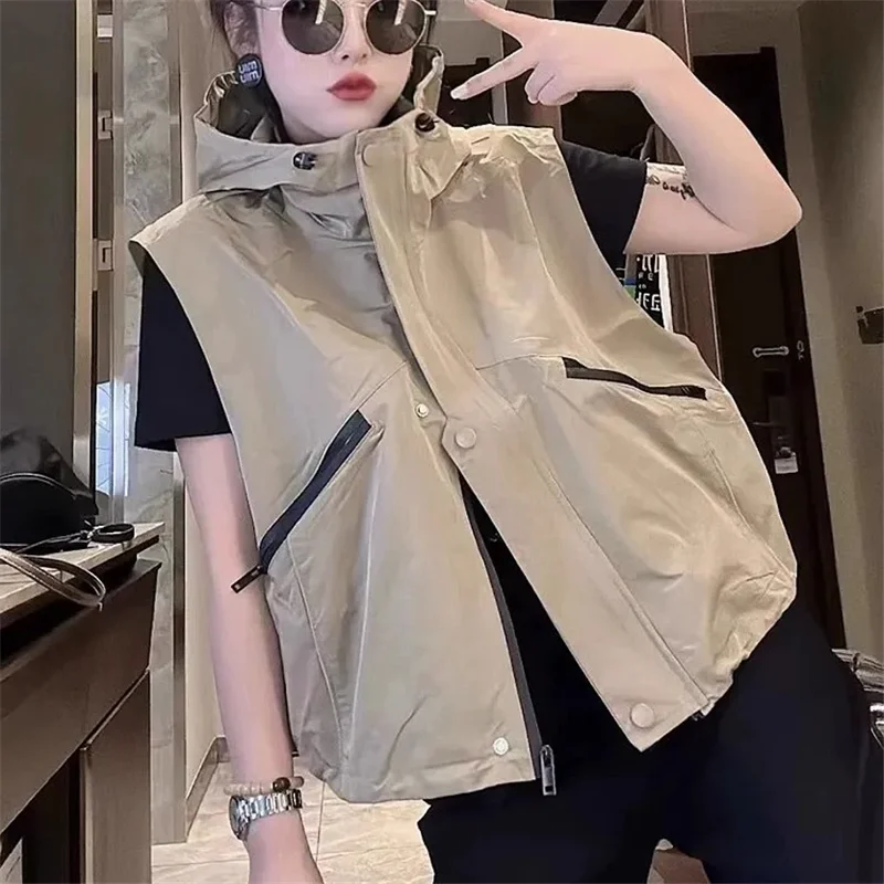 Spring Autumn Hooded Waistcoat Women 2024 New Fashion Loose Casual Workwear Tops Pure Colour Zipper Pocket Outerwear Female