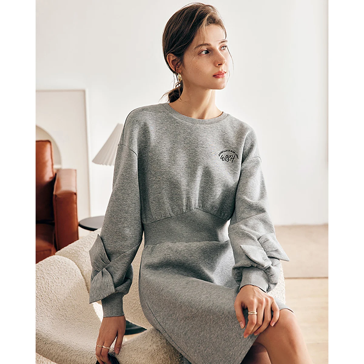 OLrain Grey Mini Dresses Women 2025 Spring A-line Embroidery Irregular Bow Elastic Waist Crewneck Commute Short Dress N56QL68521