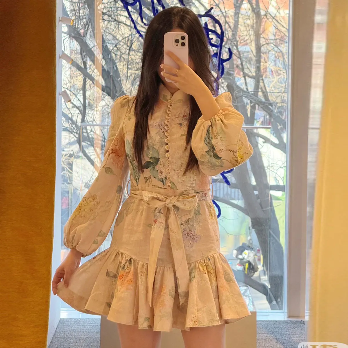 Pink Peach Print Slim Fit Lantern Sve Heavy Work Design Sense Metal Bule Lace Dr Sa ket High Waist Midi Dr
