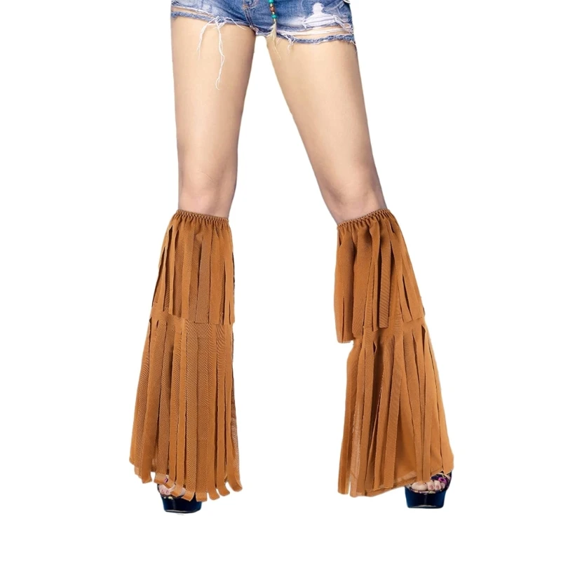 

652F 60s 70s Hippie Fringe Boot Covers Tassels Knee High Leg Socks Vintage Leg Warmers Gifts for Women Girls Brown