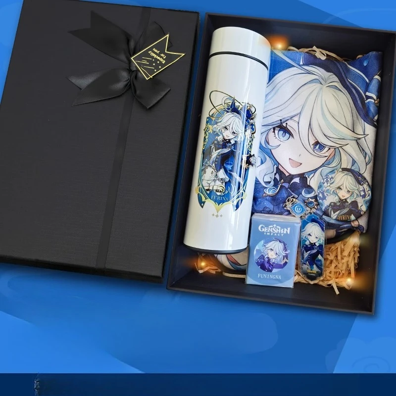 

Фигурка Furina, подарочная коробка, аниме Genshin Impact, включая вакуумную колбу, полотенце, настенная живопись, значок поздравительной открытки, маска для глаз