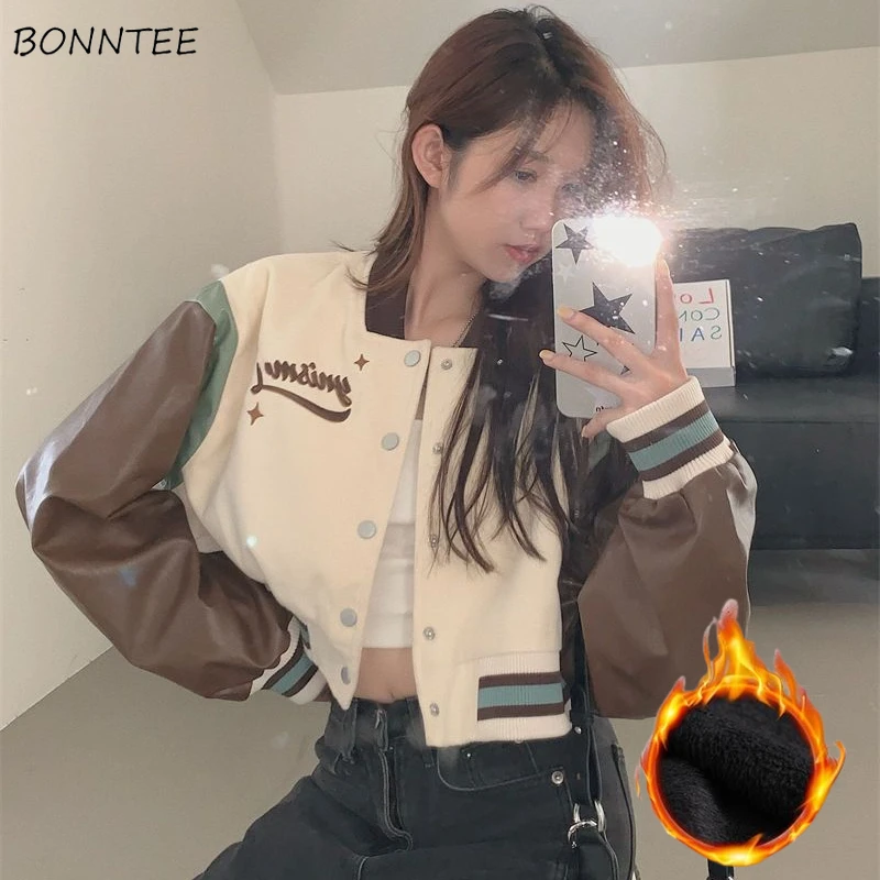 

Crop Jackets Women Coat Vintage Panelled Thick Warm Autumn Winter American Style Personality Teens Fashion Streetwear All-match