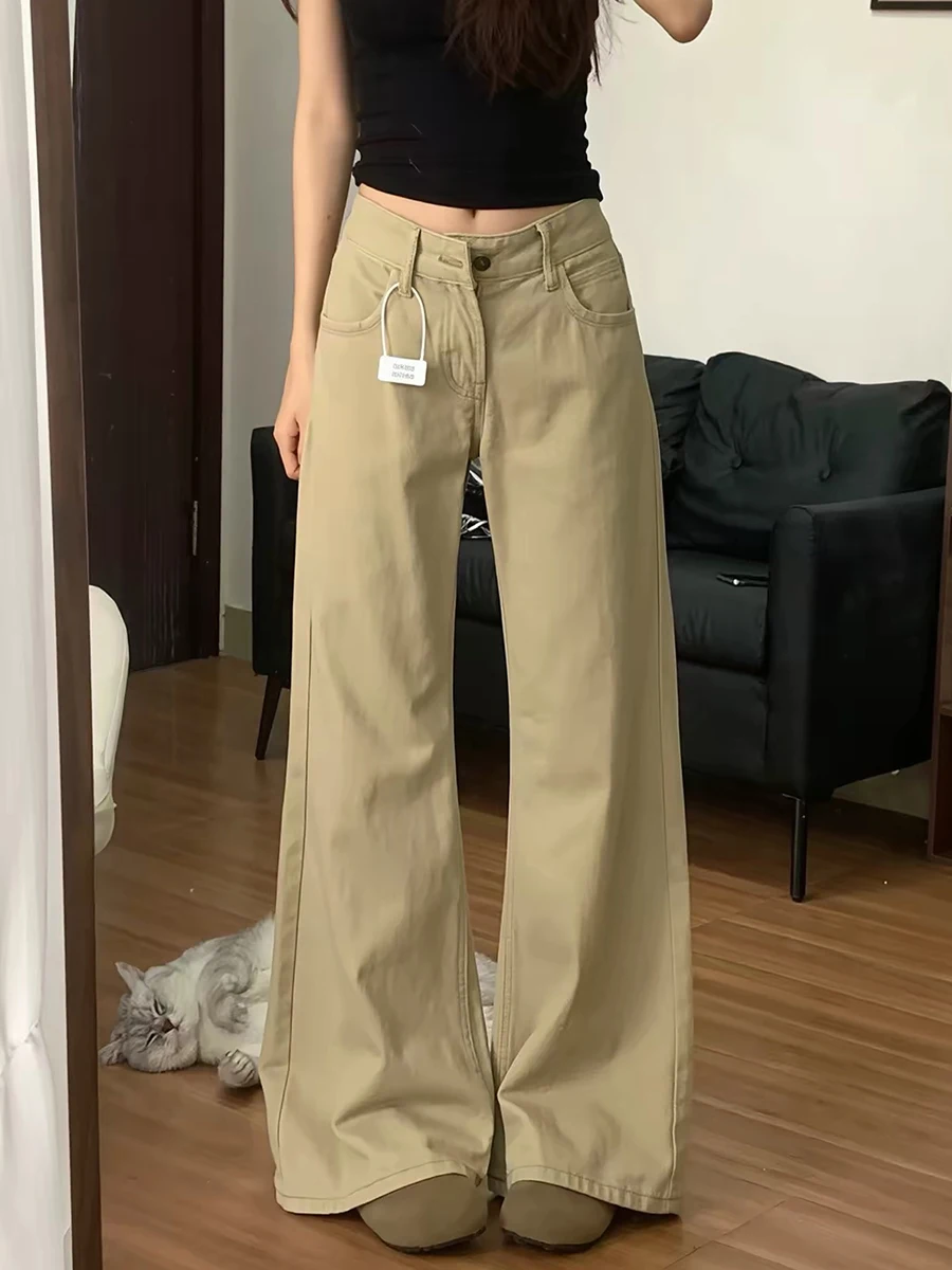 High Waist Wide Leg Khaki Denim Jeans Women Loose Fit Autumn New Style Retro Big Size Slimming Straight Leg Trousers