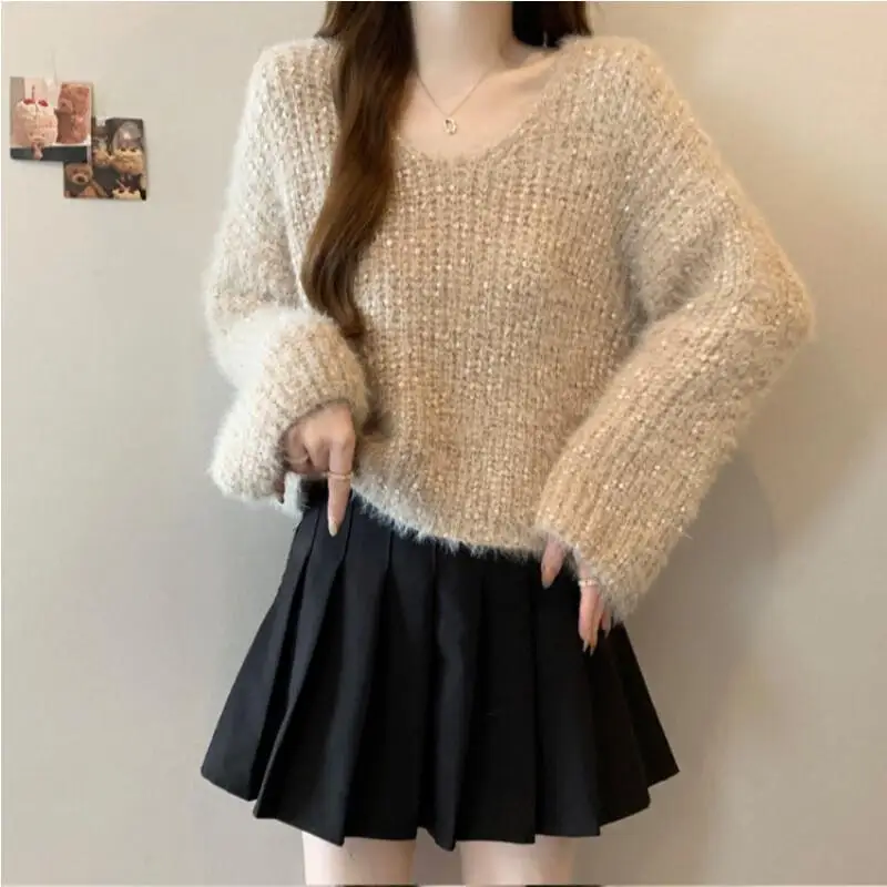 

Gentle wind v-neck sweater women's loose lazy style spring and autumn loose soft waxy pullover white knitted hollow tops
