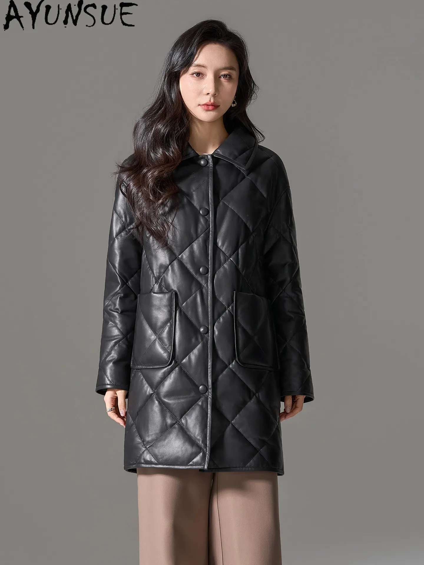 AYUNSUE 100% Sheepskin Real Leather Jacket Women Clothing Autumn Winter 90% White Goose Down Coat Woman Loose Jaqueta De Couro