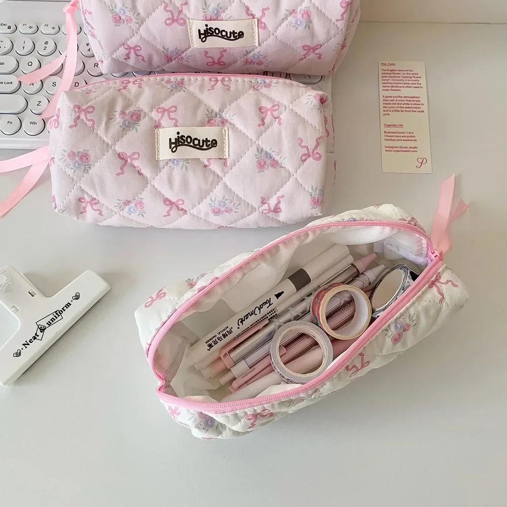 INS Korean Cute Sweetheart Bow Pencil Case Aesthetic Portable Girl Makeup Bag Pouch Stationery Organizer Kawaii School Supplies