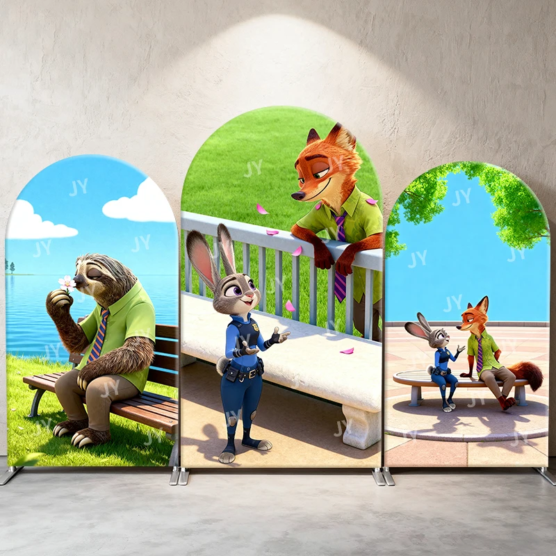 

Zootopia Arch Backdrop Cover Judy, Nick & Sloth Leisure Scene Cute Cartoon Decor for Birthday and Baby Shower Photo Booth