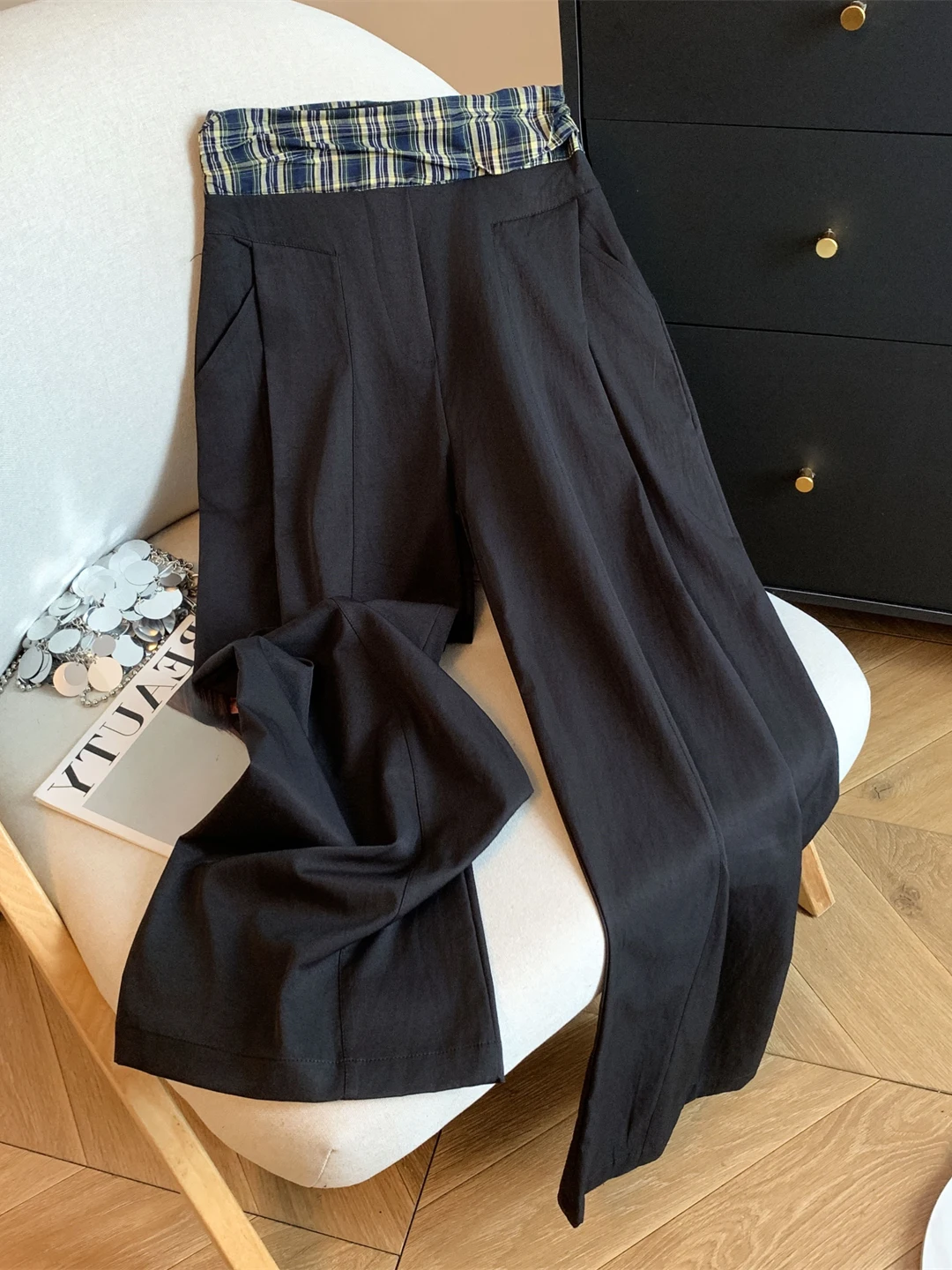 

Slimming High Waist Wide Leg Pants Autumn Casual Plaid Patchwork Women's Fashionable Trousers Long Length Comfortable Fit