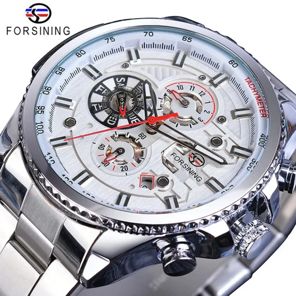 Forsining Top Men\'s Watches Military Stainless Steel Waterproof Date Week Display Brand Automatic Mechanical Watch for Men