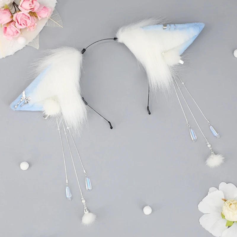 Furry Ear Animes Cosplays Hair Accessory Cute Plush Animal Ears Charming Foxes Headband Tassels Clip for Costume Party