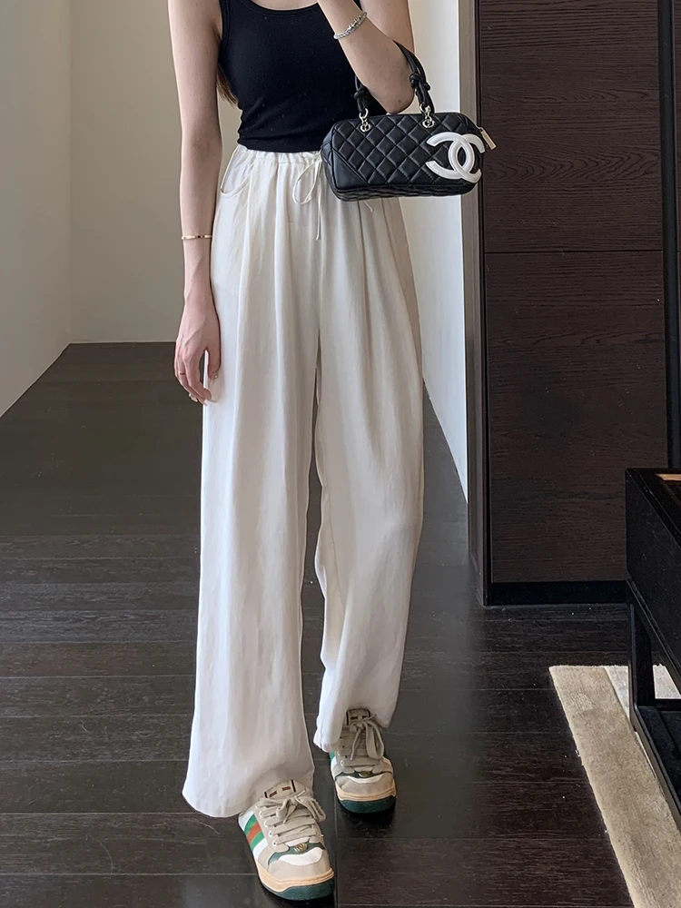 

High Waist Wide Leg Casual Straight Cut Silk Cool Feeling Pants for Women L Quanti Heavy Weight