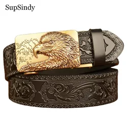 SupSindy Men Genuine Leather Belt Luxury Eagle Metal Automatic Buckle Cowhide Belts for Men Jeans Waistband Male Strap Black