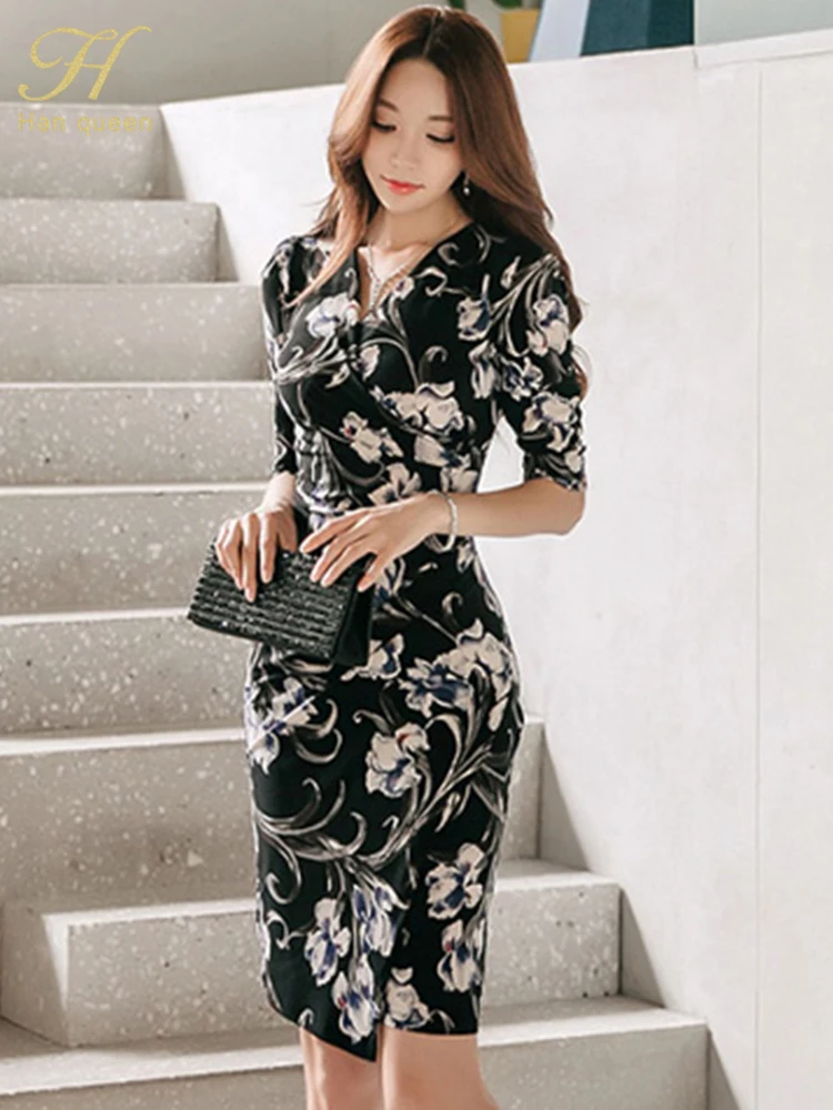 

H Han Queen Hot Sales Elegant Fashion V-Neck Slim Print Vintage Pencil Dress Womens Simple Dresses Casual Party Office Vestidos