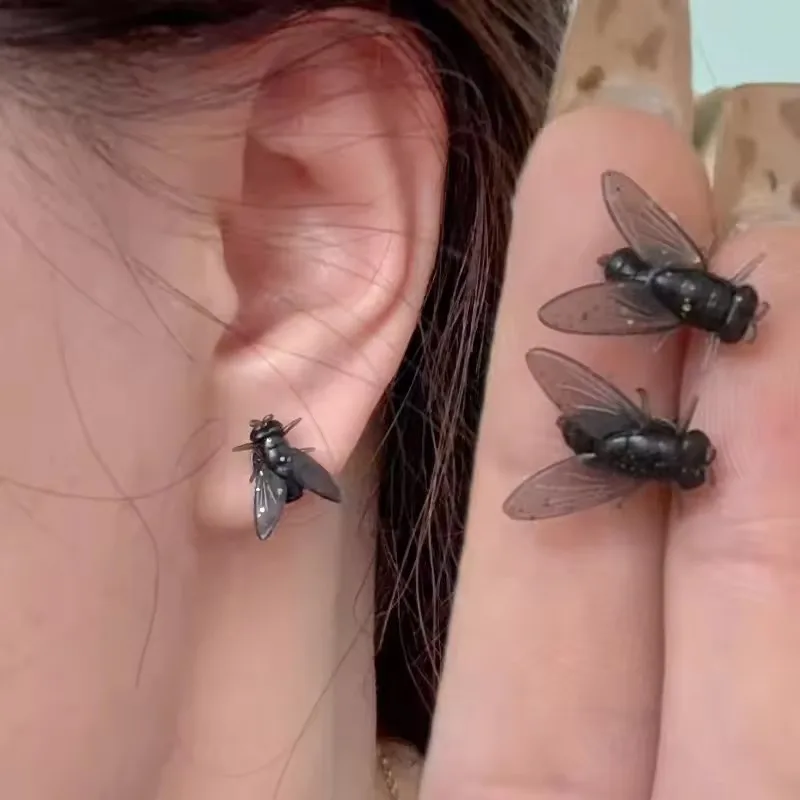 2/20Pcs Creative Flies Studs Earrings for Women Men Abstract Personalized Funny Mini Fly Earrings Insects Earrings Jewelry