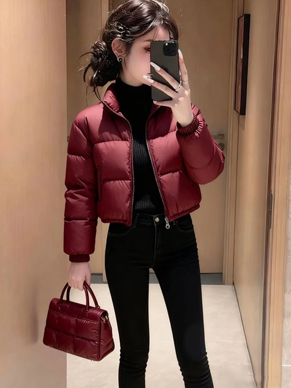 

Модная красная утепленная хлопковая куртка на молнии с воротником-стойкой, женская зимняя верхняя одежда, теплая стеганая куртка-пуховик