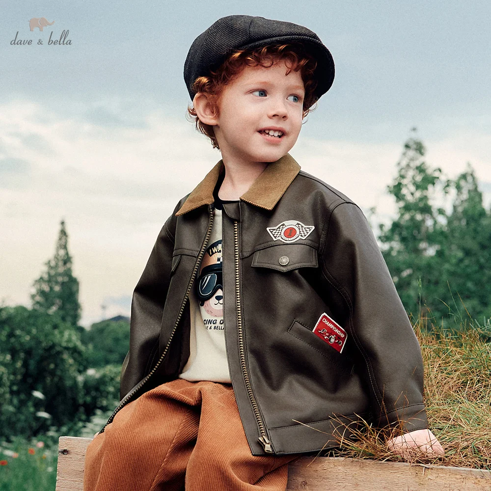 Dave Bella Leather Jacket Autumn Coffee Brown Children Boys Coats Spring Clothes Fashion Outerwear Gentle Casual Party DB3263095
