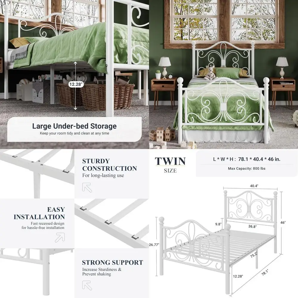 White Metal Twin Bed Frame for Kids with Butterfly Design, No Box Spring Required, Easy Assembly