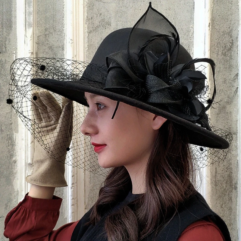 New autumn winter Hepburn-style wide-brimmed wool hat British retro felt mysterious tulle flower embellished fascinator hats