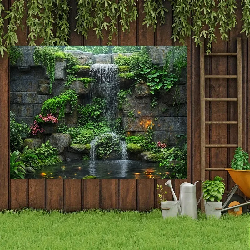 Waterfalls and Green Plants Polyester Background Tapestry Photography Live Wedding Party Wall Decoration Wall Hanging