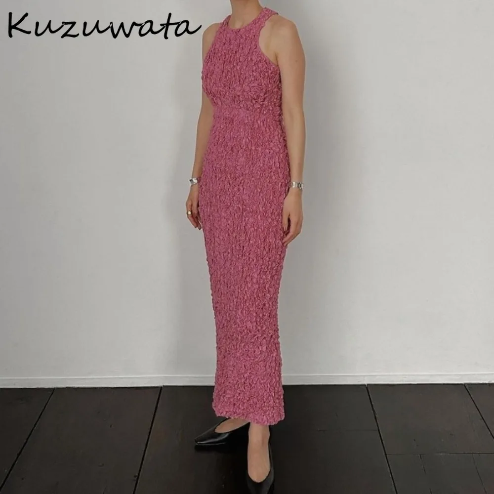 Kuzuwata Vintage O Neck Sleeveless Elegant Robe Slim Fit Heavy Vent Pleated High Waist Dress Japan 2024 New Moda Wrap Vestidos