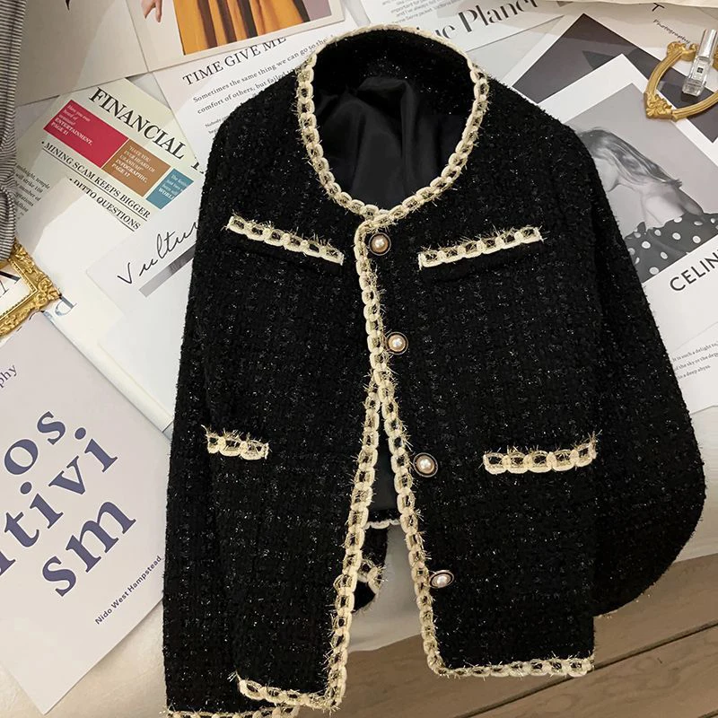 MEXZT Vintage Black Tweed Jacket Women Elegant Cropped Quilted Coat Korean Commute Blazer Winter Ladies Thicken Short Outerwear