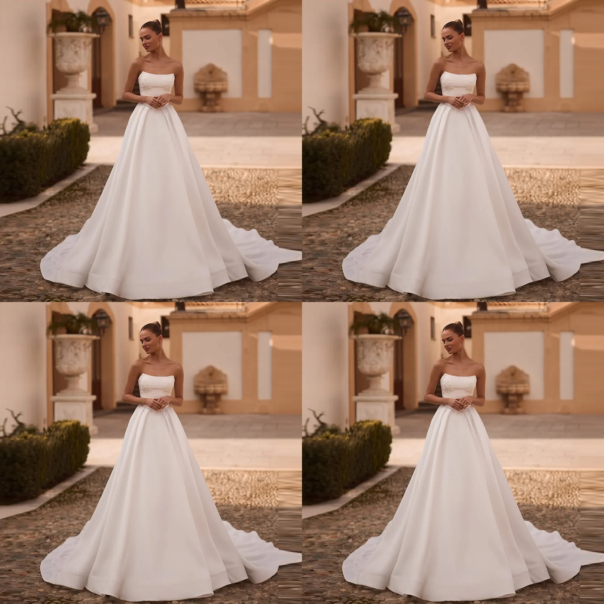 

Modest Strapless Satin A-line Wedding Gown Backless Detachable Jackets Long Bridesmaid Dress with Court Customized
