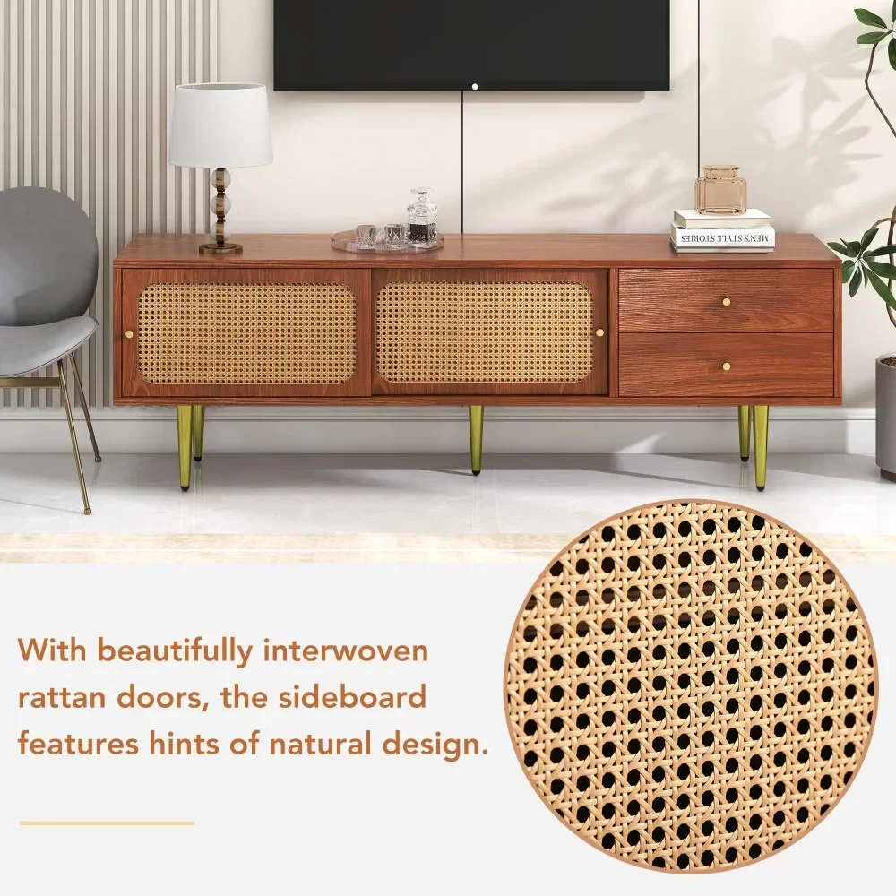 Moderner TV-Ständer mit Rattan-Schiebetüren, praktischer Stauraum, dunkles Rattan-Design aus Walnussholz – Detail 2