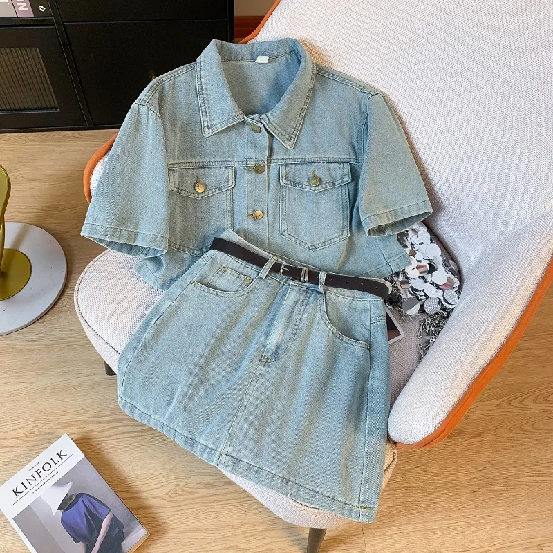 

Miiiix Short Sleeved Denim Jacket Women's Summer Hong Kong Style Retro Slimming Half Skirt A-line Short Skirt Two-piece Set