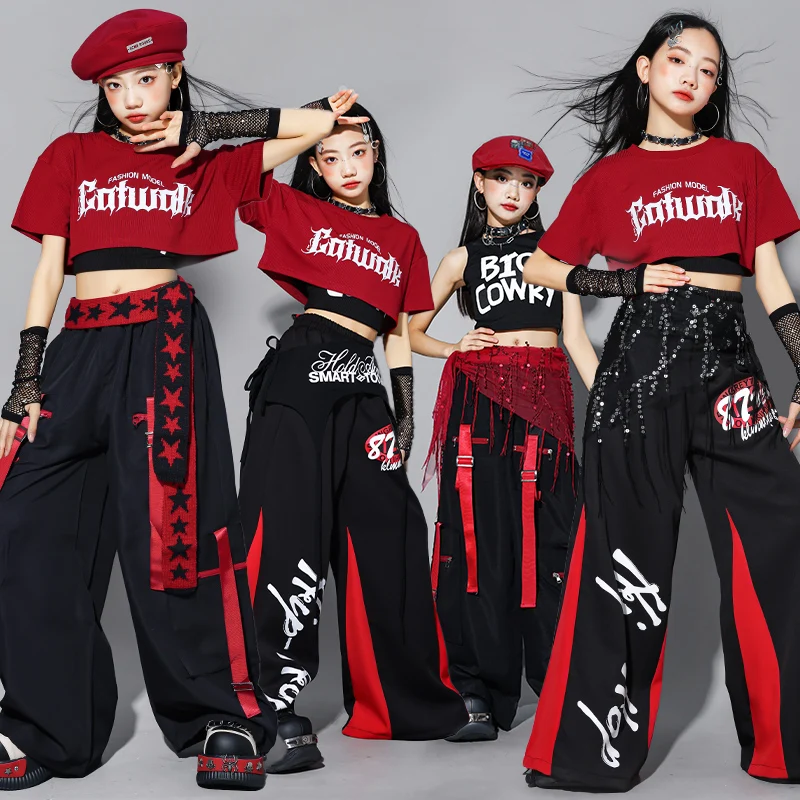 Girls K-pop Clothing Red Crop Top Contrast Cargo Pants ‌Kids Hip Hop Streetwear Jogger Child Jazz Girl Group Dance Clothes Sets