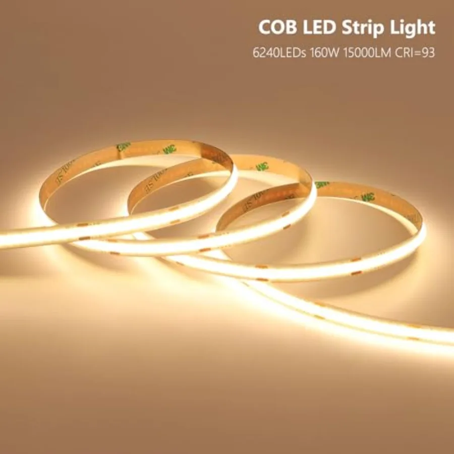 24V COB LED Strip Lights 65.6ft CRI 93 Cuttable with Power Supply 3000K Warm White LED Tape Light Adhesive 160W 312LEDs/m for B view 2