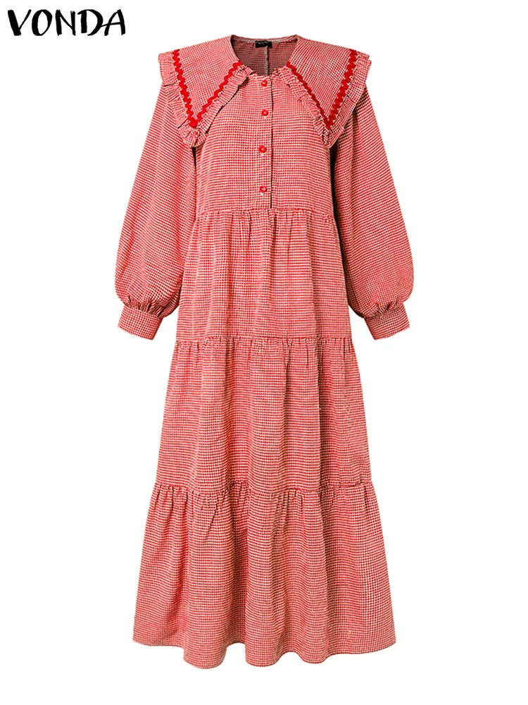 2023 VONDA Frauen Herbst Plaid Kleid Peter Pan Kragen Rüschen Maxi Lange Vestidos Mode Tasten Kausalen Lose Party Plissee Robe