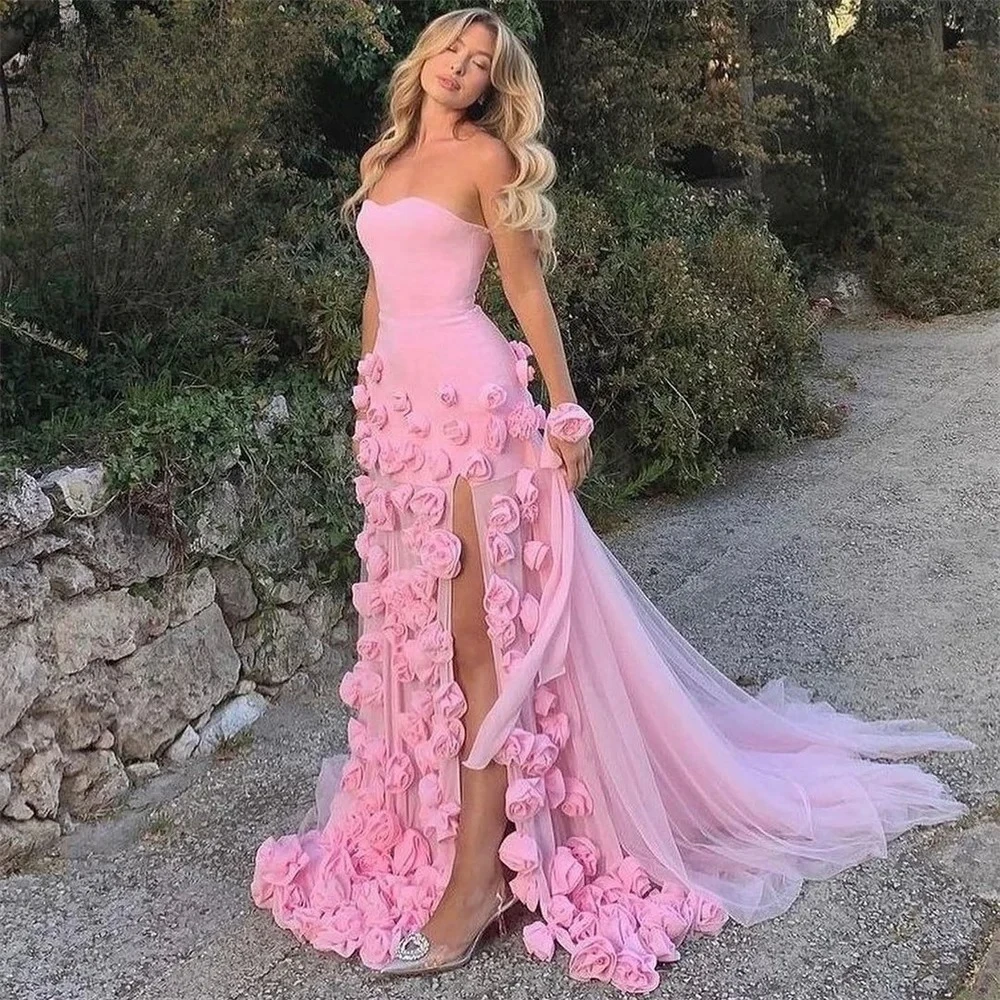 

Pink Mermaid Charming Prom Dress 3D Flower Formal Gown Sleevesless Evening Gown with Side Slit vestidos de noche Customized
