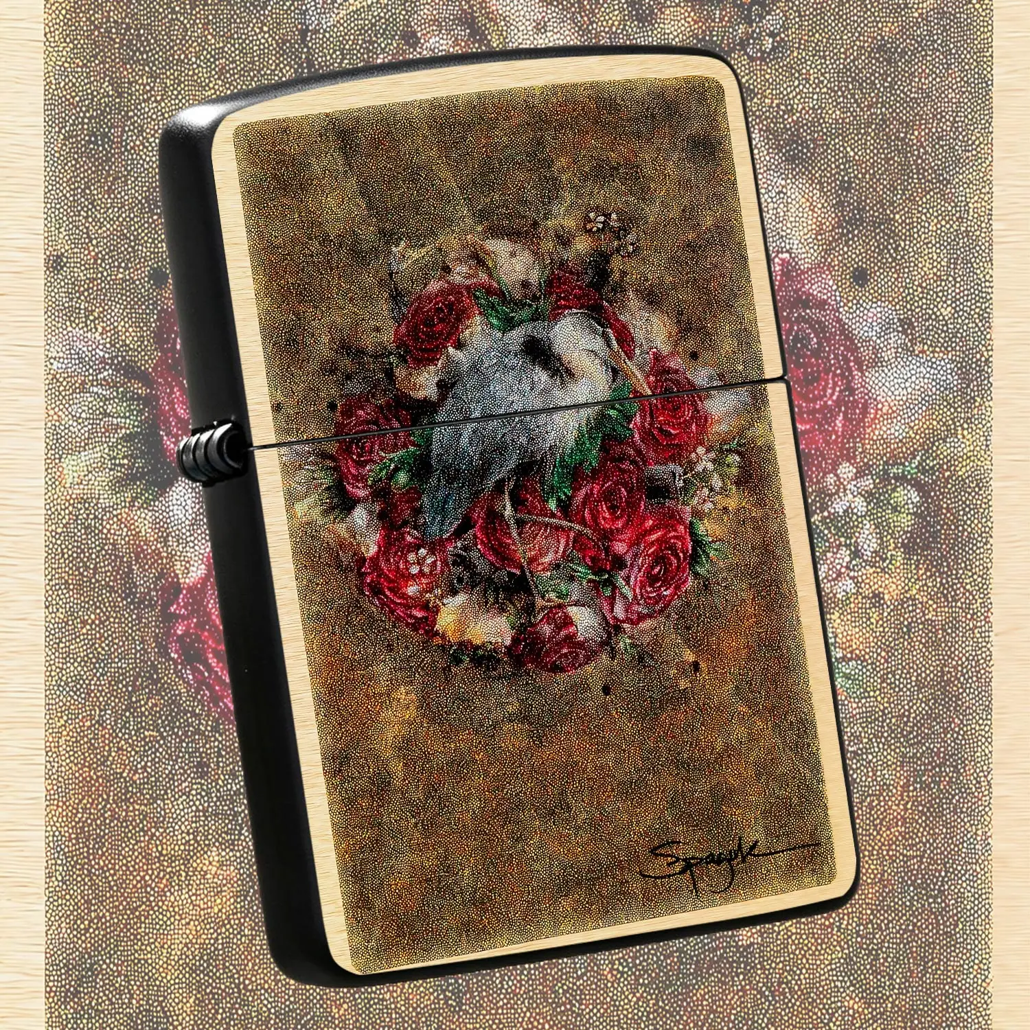 Vintage Stipple Art Style Portable Igniter With Heron Resting On Rose Wreath Pattern, Exquisite Versatile Daily Use Item For All Scenarios, Ideal Thoughtful Gift For Birthday Holiday, Unique Artistic Desktop Decor Coll A Humorous And Intere